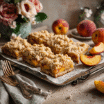 Tray of Heavenly Summer Peach Bars with golden crumble and fresh peaches