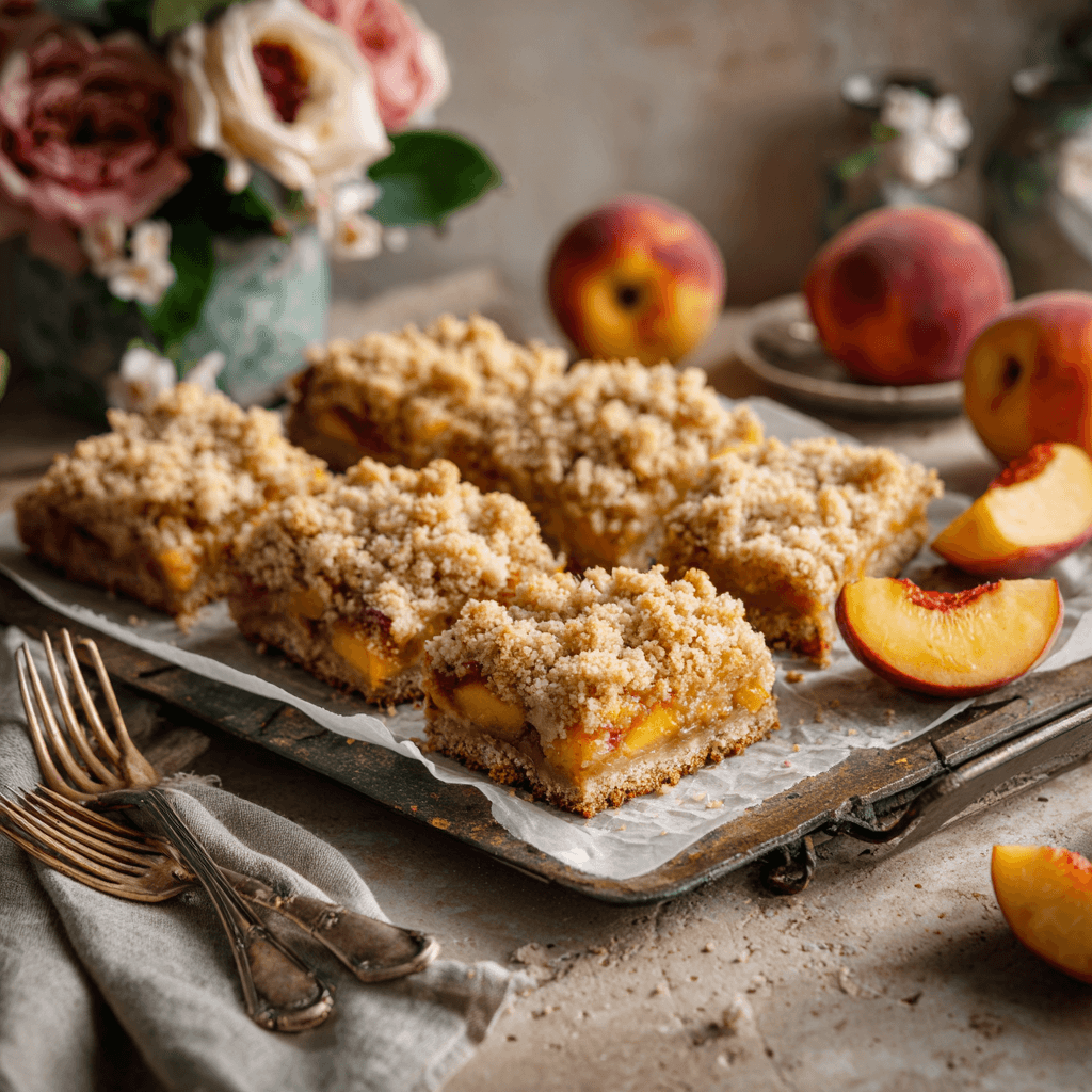 Tray of Heavenly Summer Peach Bars with golden crumble and fresh peaches