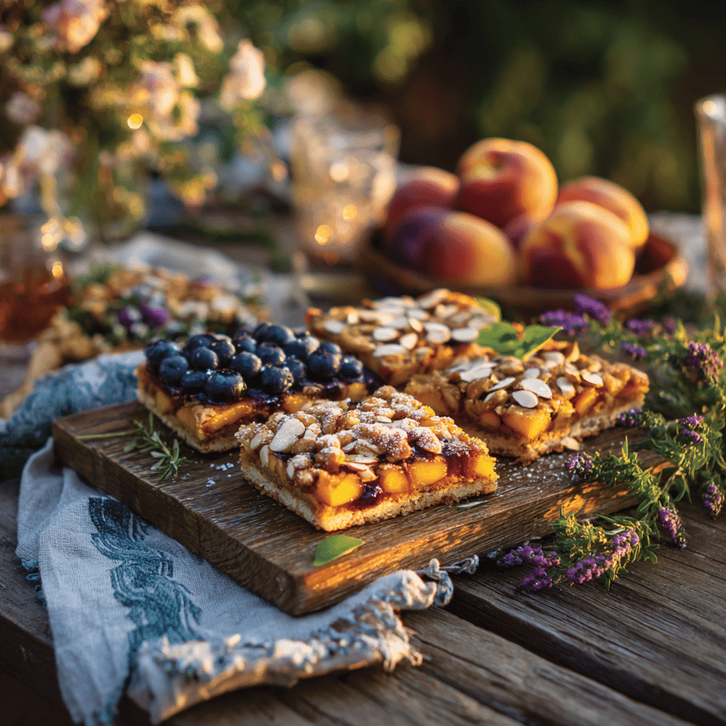 Heavenly Summer Peach Bars with blueberry, almond, and cinnamon variations