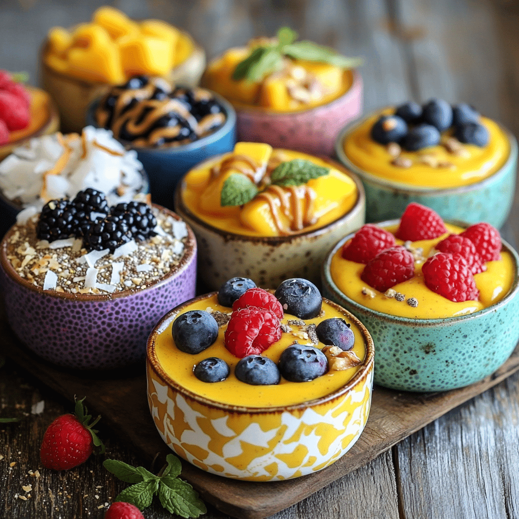 Mango chia seed pudding variations with toppings