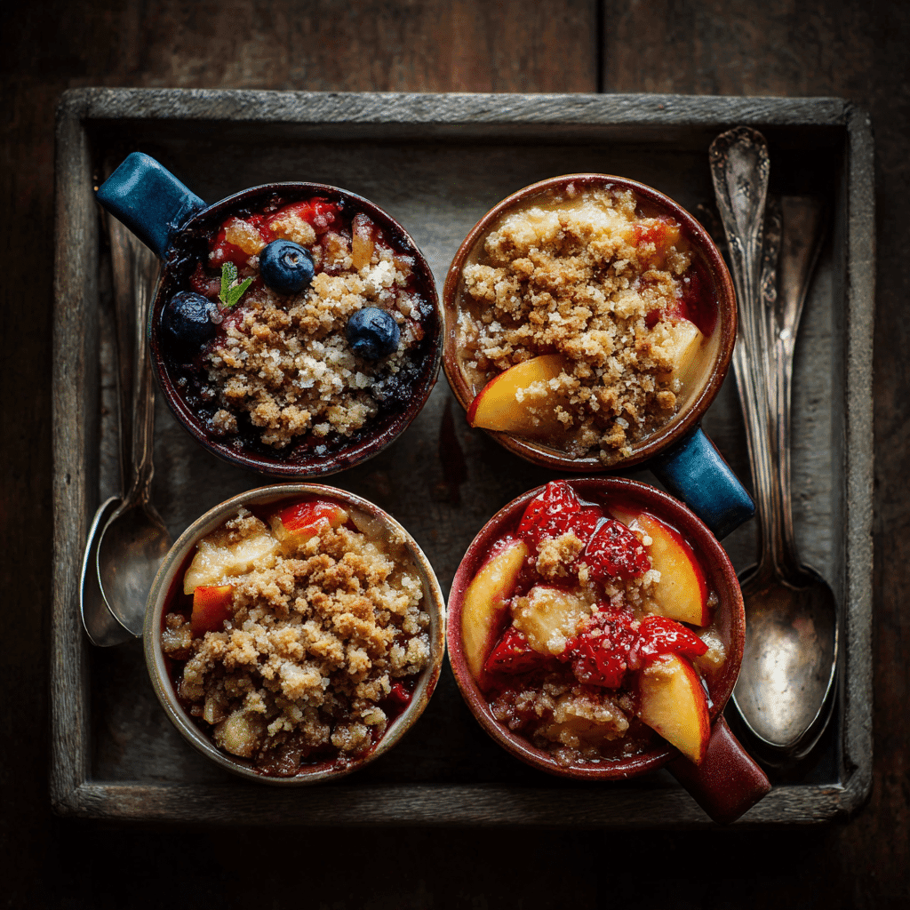 Nectarine crisp variations with different fruit and streusel toppings in ramekins