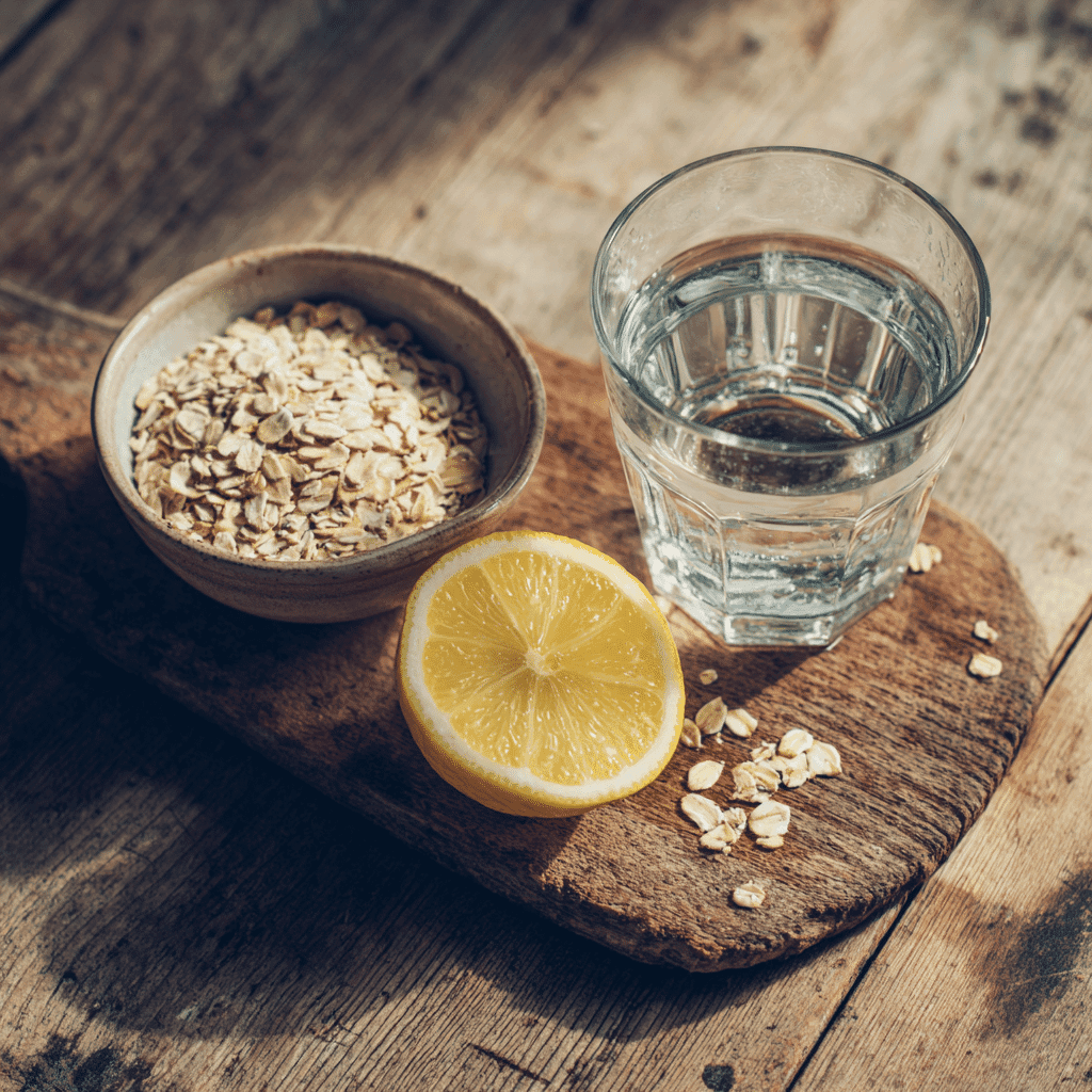 Rolled oats, lemon, and water prepared on a cutting board for Oatzempic