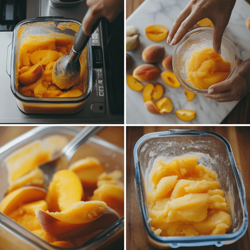 Step-by-step process making peach sorbet in a blender