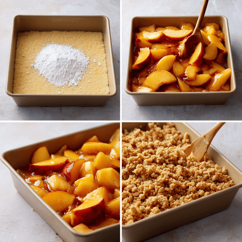 Step-by-step collage of making Heavenly Summer Peach Bars