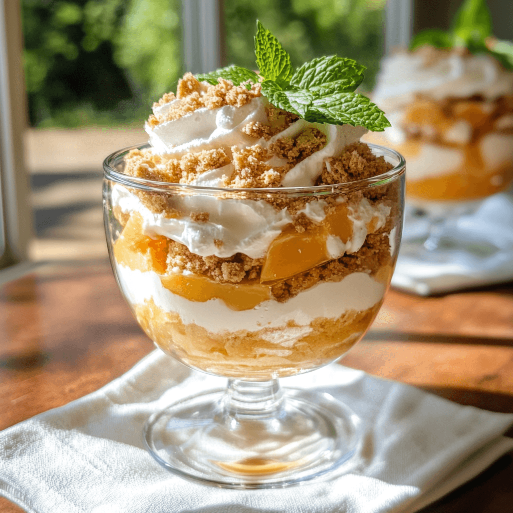 Peach sorbet parfait with graham cracker and whipped cream