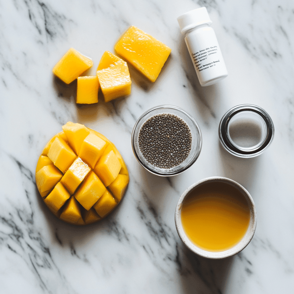 Ingredients for coconut mango chia pudding arranged on a countertop
