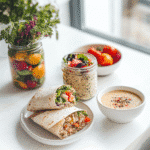 Flat lay of lazy girl lunch ideas including wraps, salads, and soup