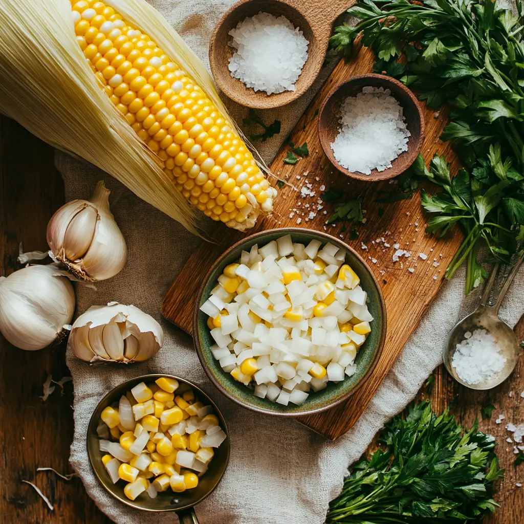 Fresh corn soup ingredients flat lay