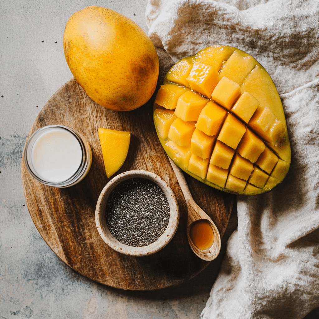 Mango chia seed pudding ingredients laid out
