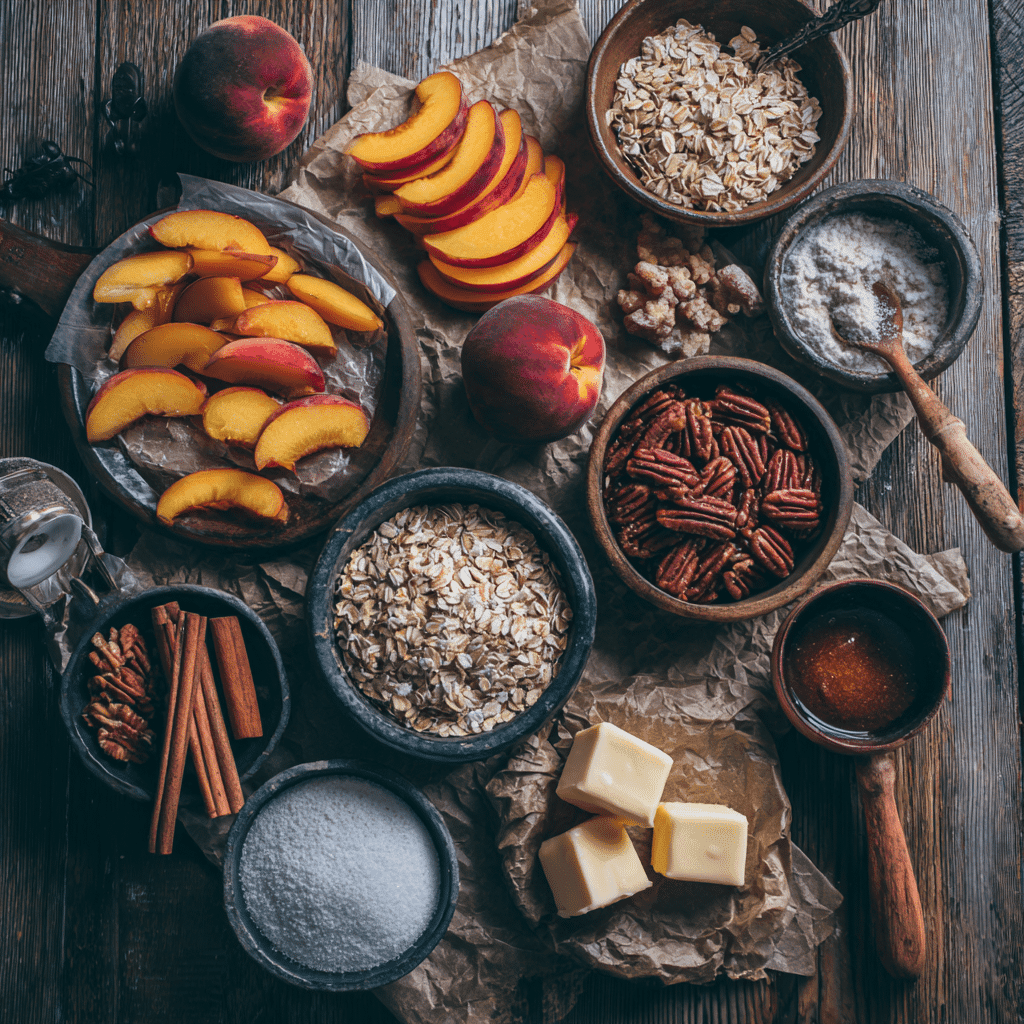 Ingredients for nectarine crisp including nectarines, oats, pecans, and cinnamon