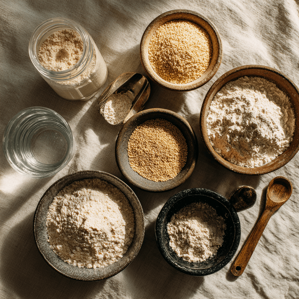 Assorted gluten free flours and ingredients for sourdough bread