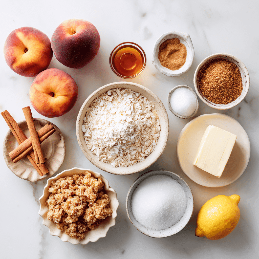 Flat lay of ingredients for Heavenly Summer Peach Bars on white surface