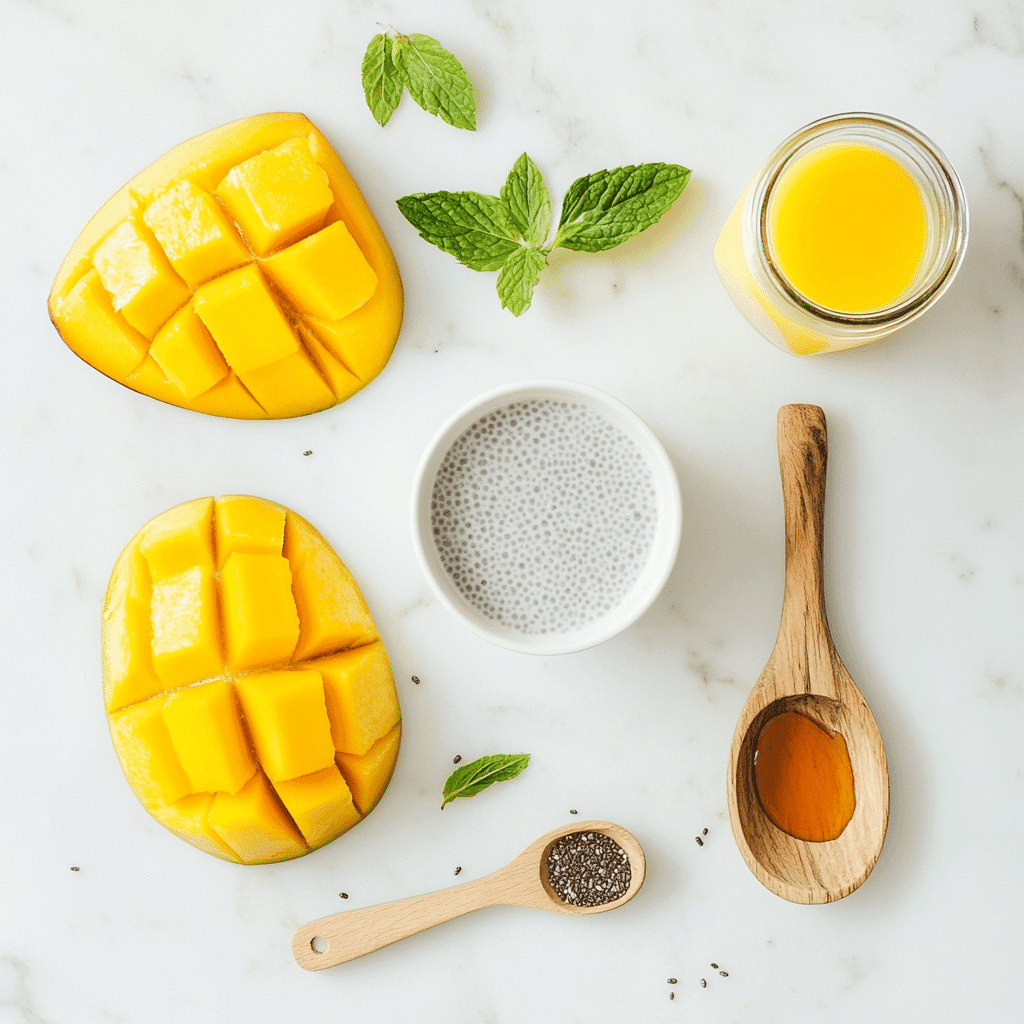 Ingredients for mango chia pudding including mango, coconut milk, and chia seeds