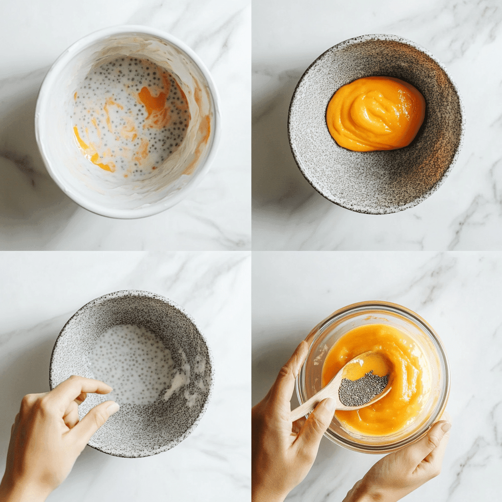 Step-by-step process for making mango chia seed pudding with coconut milk