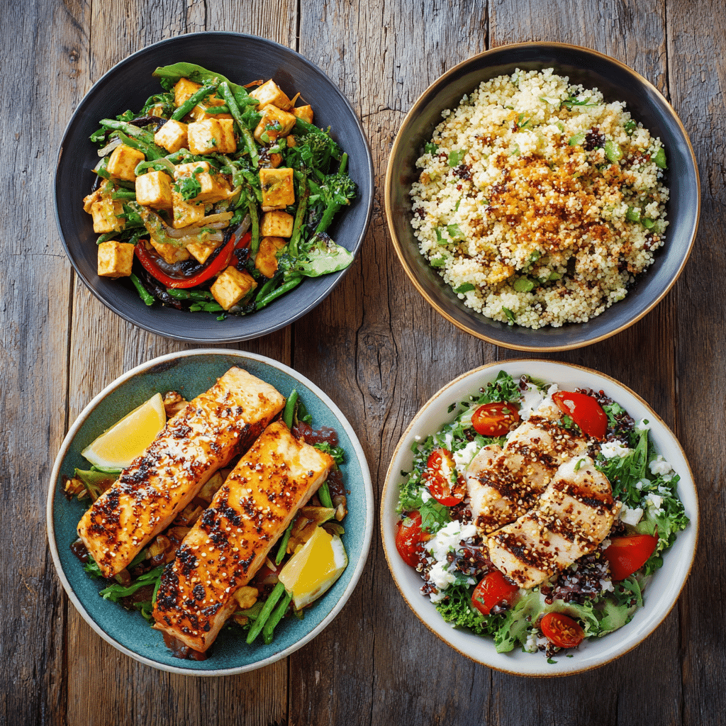 Different 1500 calorie meal variations featuring chicken, tofu, quinoa, and salad