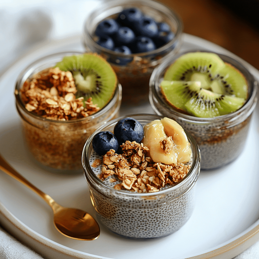 Chia pudding topped with different fruits and toppings
