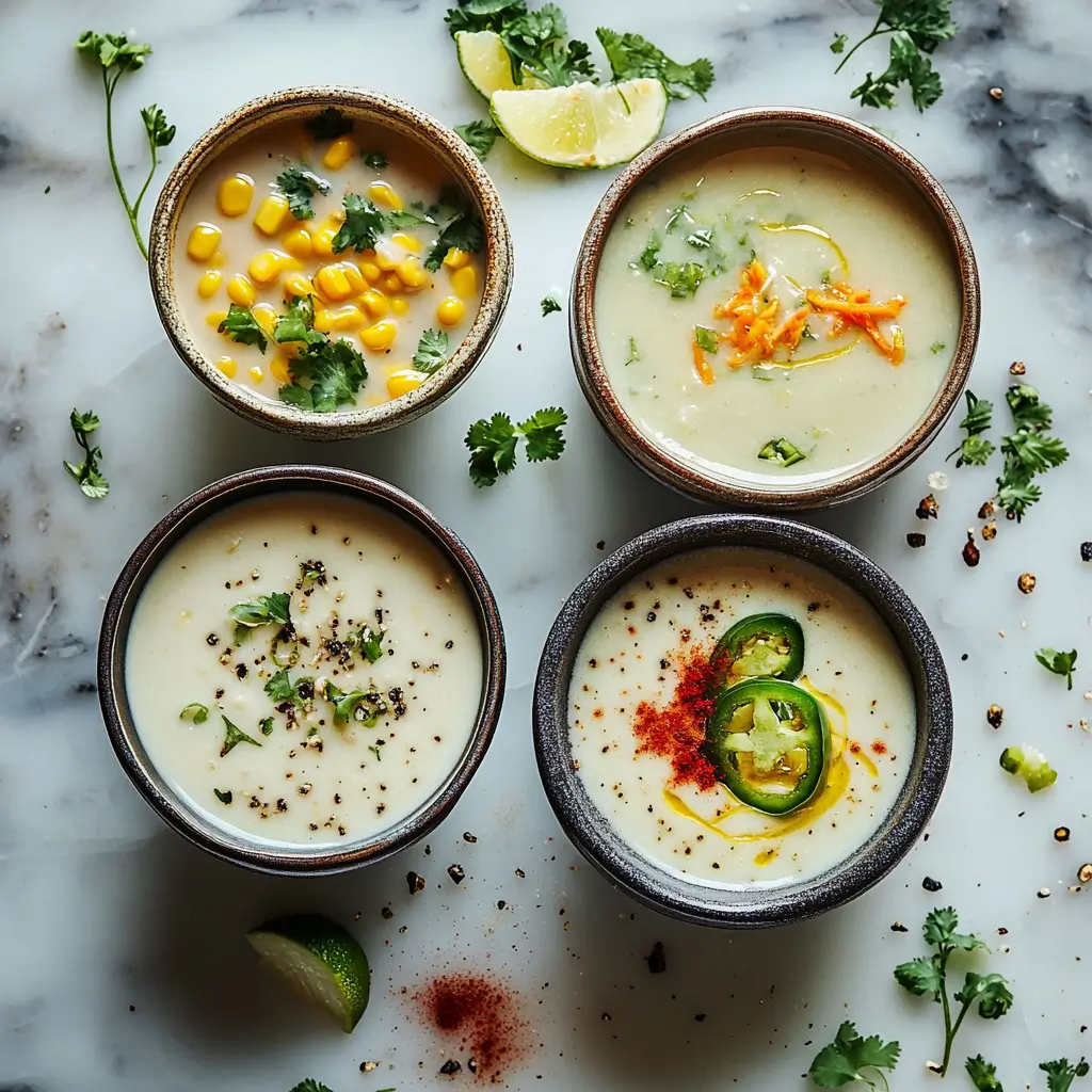 Four variations of chilled corn soup with unique garnishes