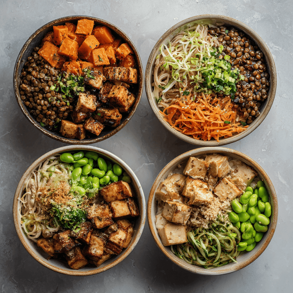 Four high-protein vegan bowl variations with different protein sources