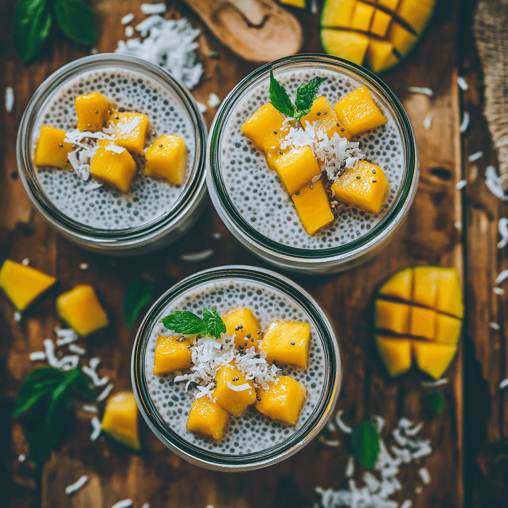 Coconut mango chia pudding in a jar topped with fresh mango and coconut
