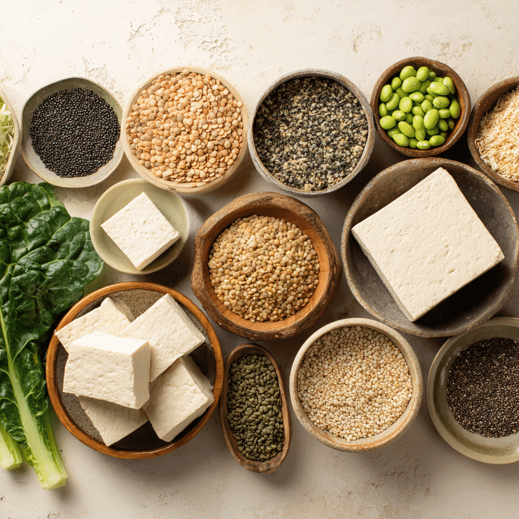 Flat lay of high-protein vegan ingredients like lentils, tofu, tempeh, and seeds
