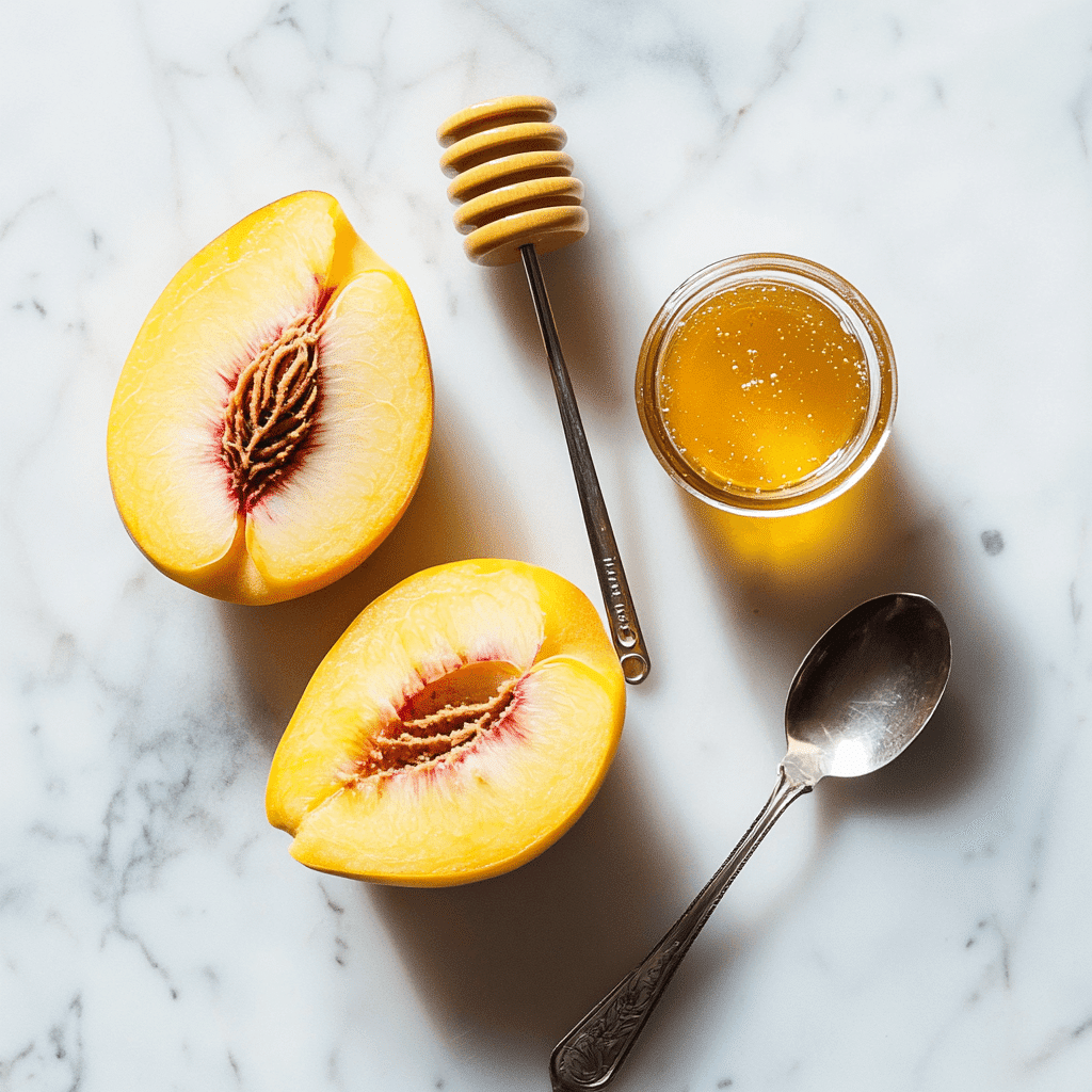 Flat lay of fresh peaches, lemon, and honey for peach sorbet