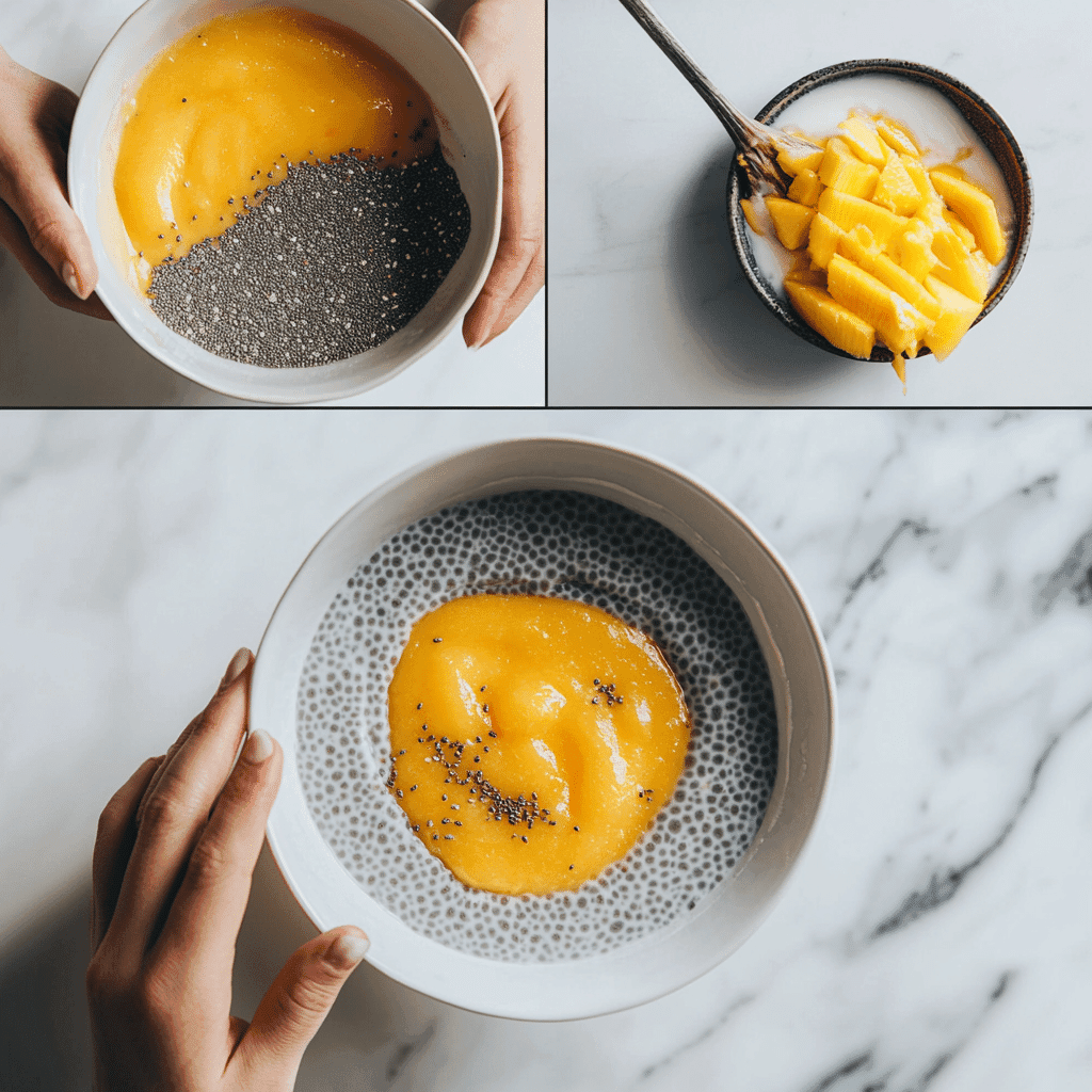 Step-by-step making of coconut mango chia pudding