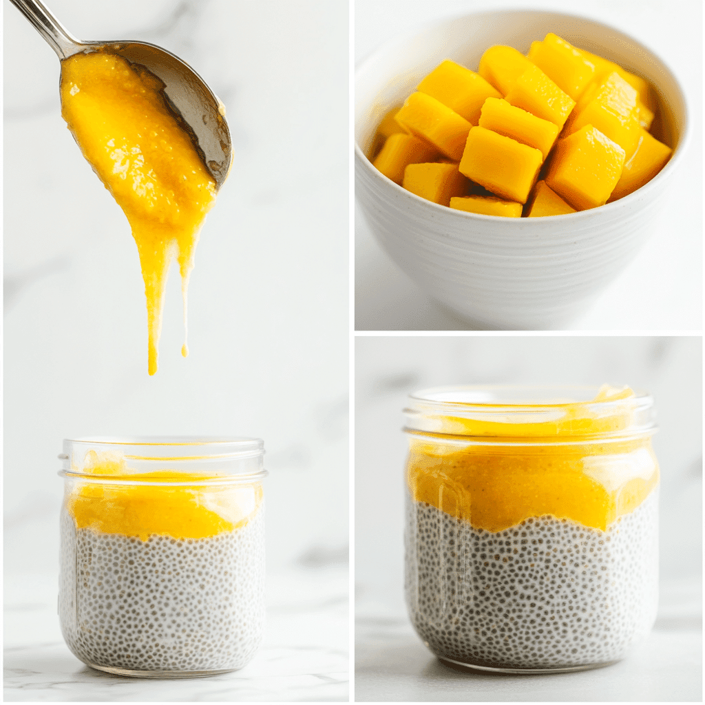 Step-by-step photos of how to make mango chia seed pudding