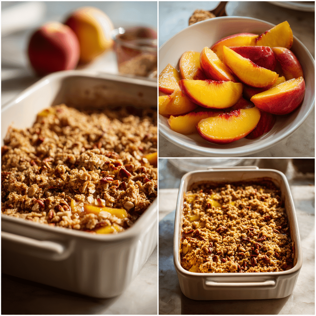 Step-by-step process of making nectarine crisp with streusel topping