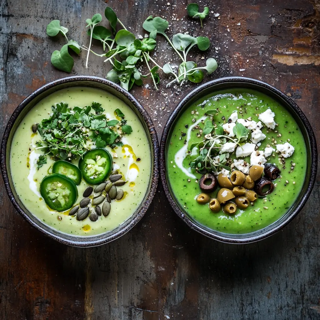 Three variations of cucumber avocado soup with different toppings
