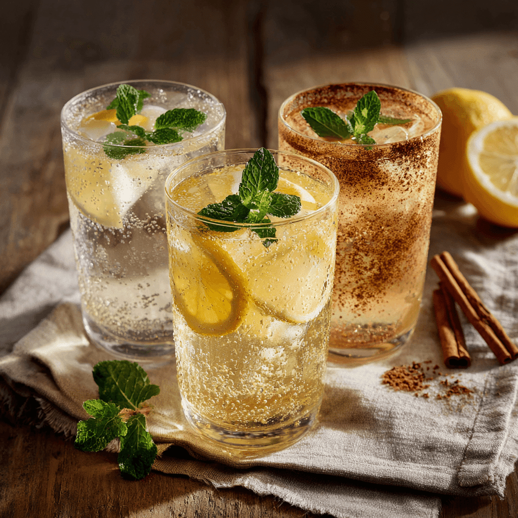 Three versions of Oatzempic drink including plain, lemon-mint, and cinnamon