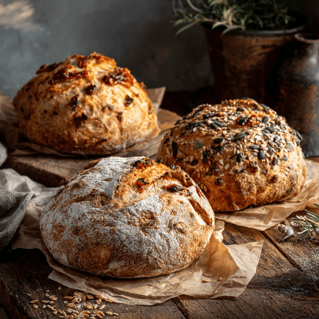 Variations of gluten free sourdough bread with herbs, seeds, and tomatoes
