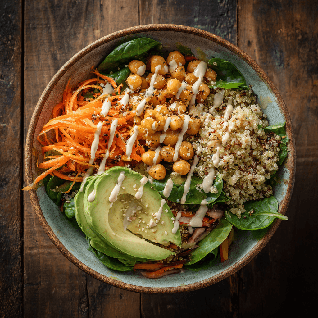 Vegan protein power bowl with quinoa, avocado, and chickpeas on wood table