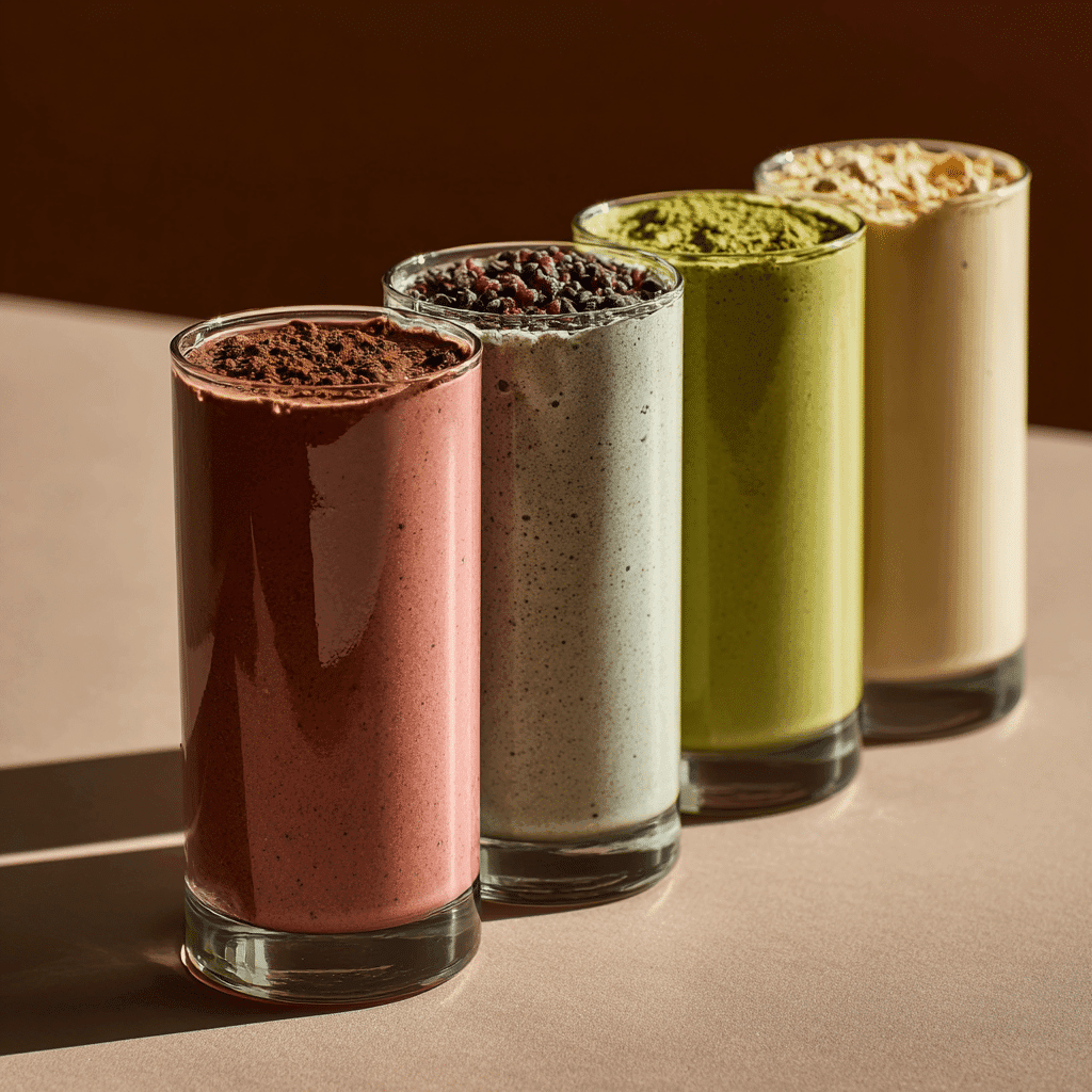 Four variations of healthy meal replacement shakes including berry, chocolate, green, and banana.
