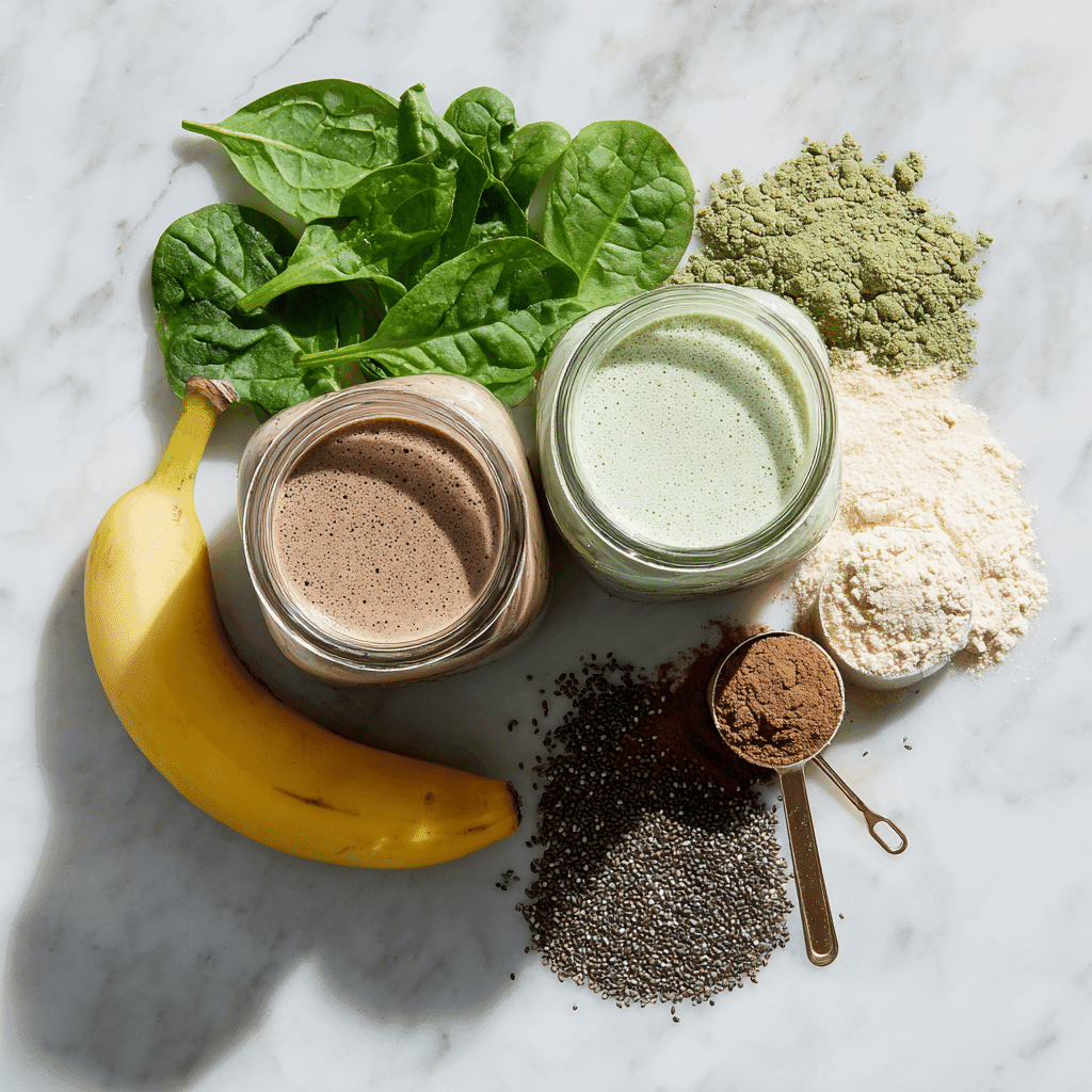 Meal replacement shakes with fresh ingredients on a marble counter – chocolate and green options.