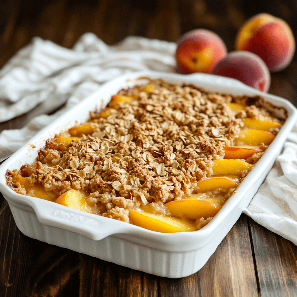 Best peach crisp recipe baked in a rustic dish with golden topping and ripe peaches