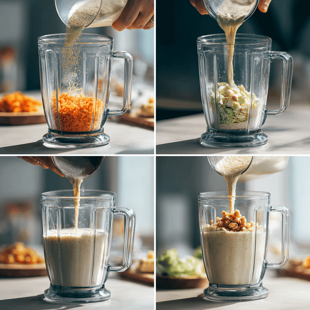 Step-by-step visual of preparing a homemade meal replacement shake using fresh ingredients.