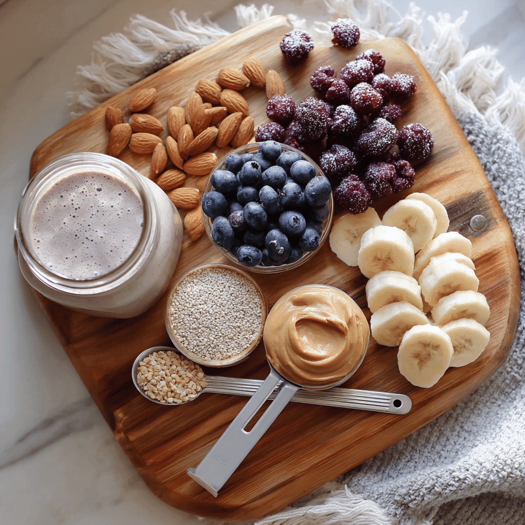 Healthy ingredients for a homemade meal replacement shake displayed on a wooden board.