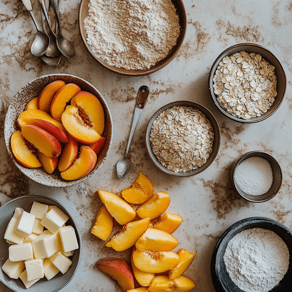 Flat lay of ingredients for the best peach crisp recipe including fresh peaches and oats