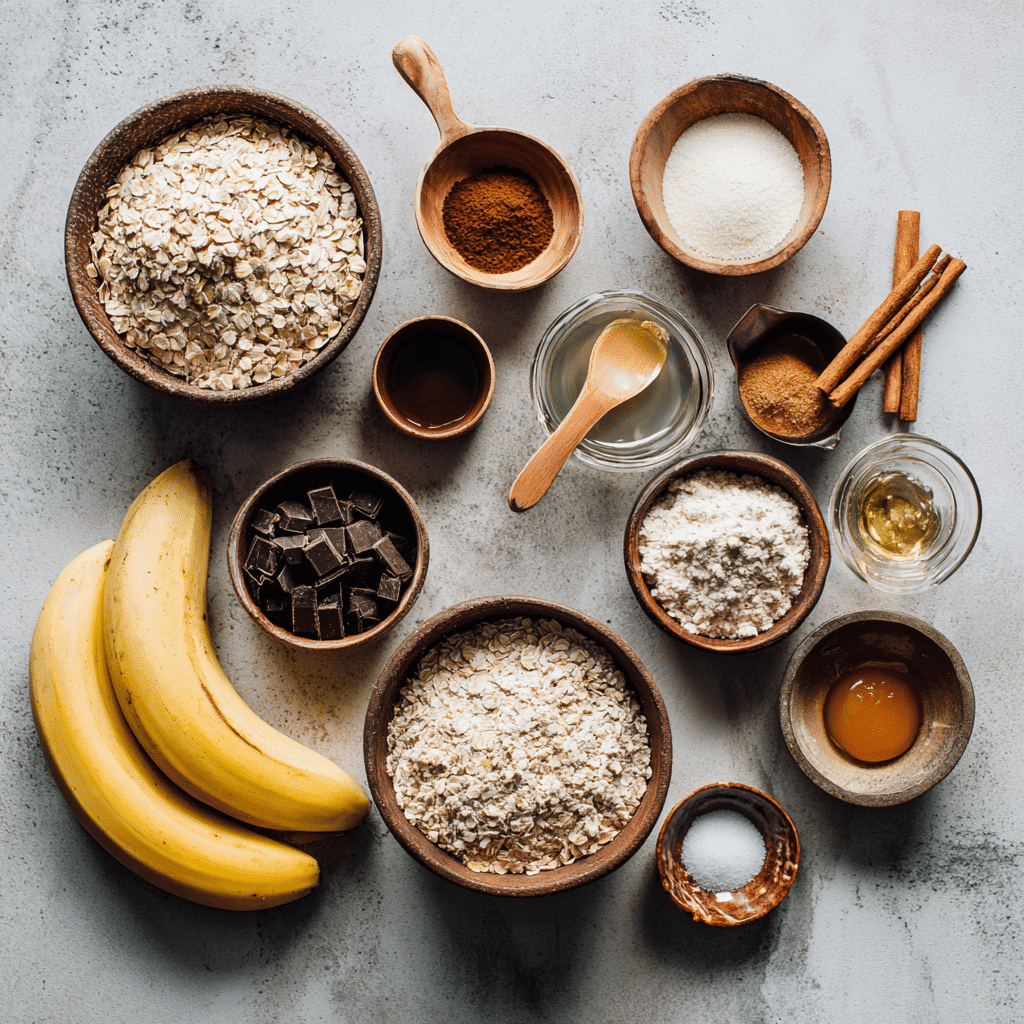 Ingredients for low sugar cookies including oats, banana, and almond flour
