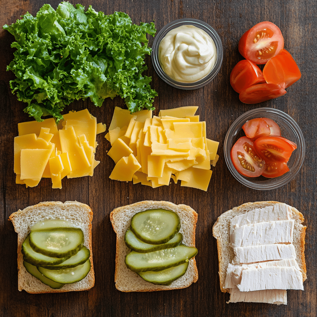 Ingredients laid out for making a pickle sandwich on a wooden surface