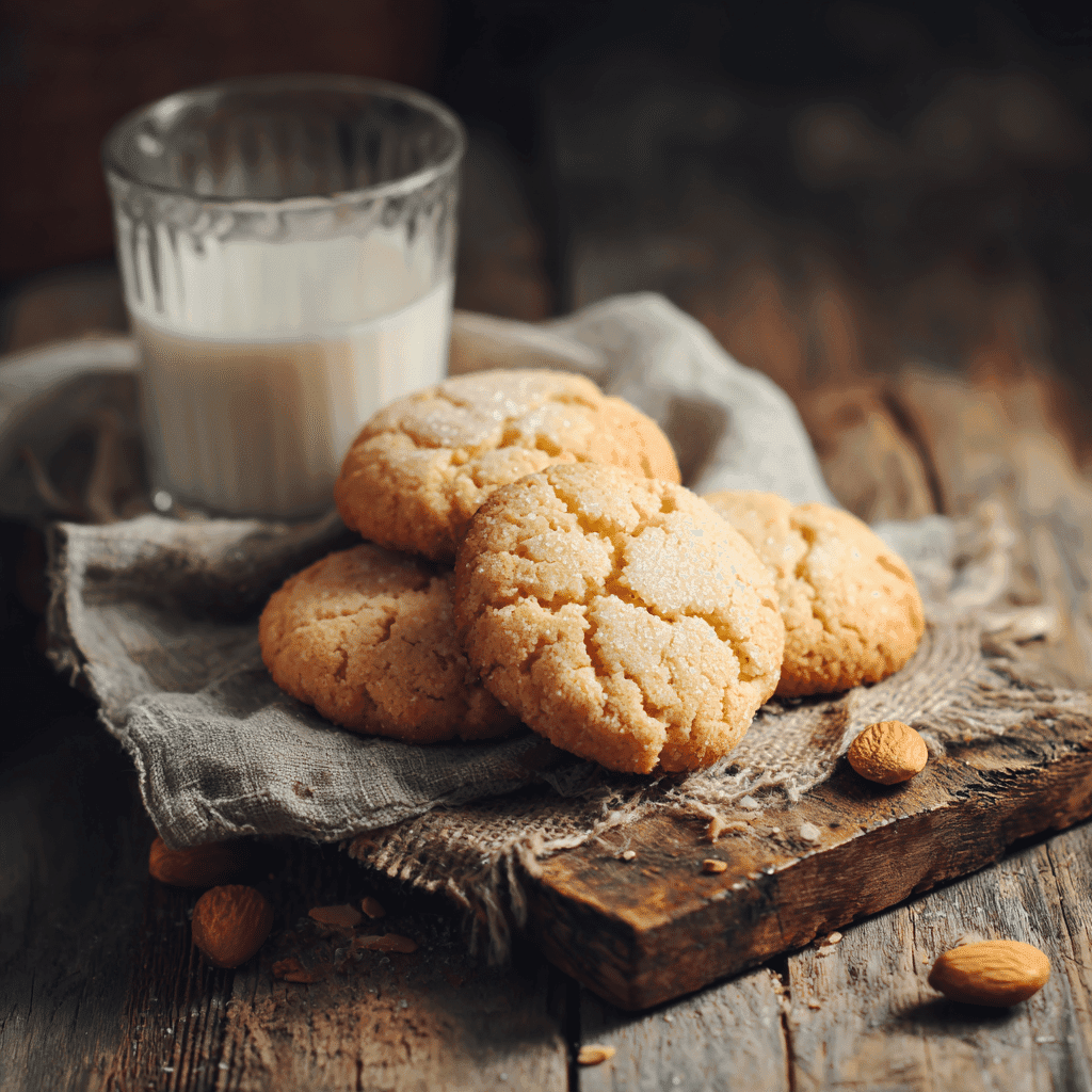 Homemade low sugar cookies with almond milk on a rustic table