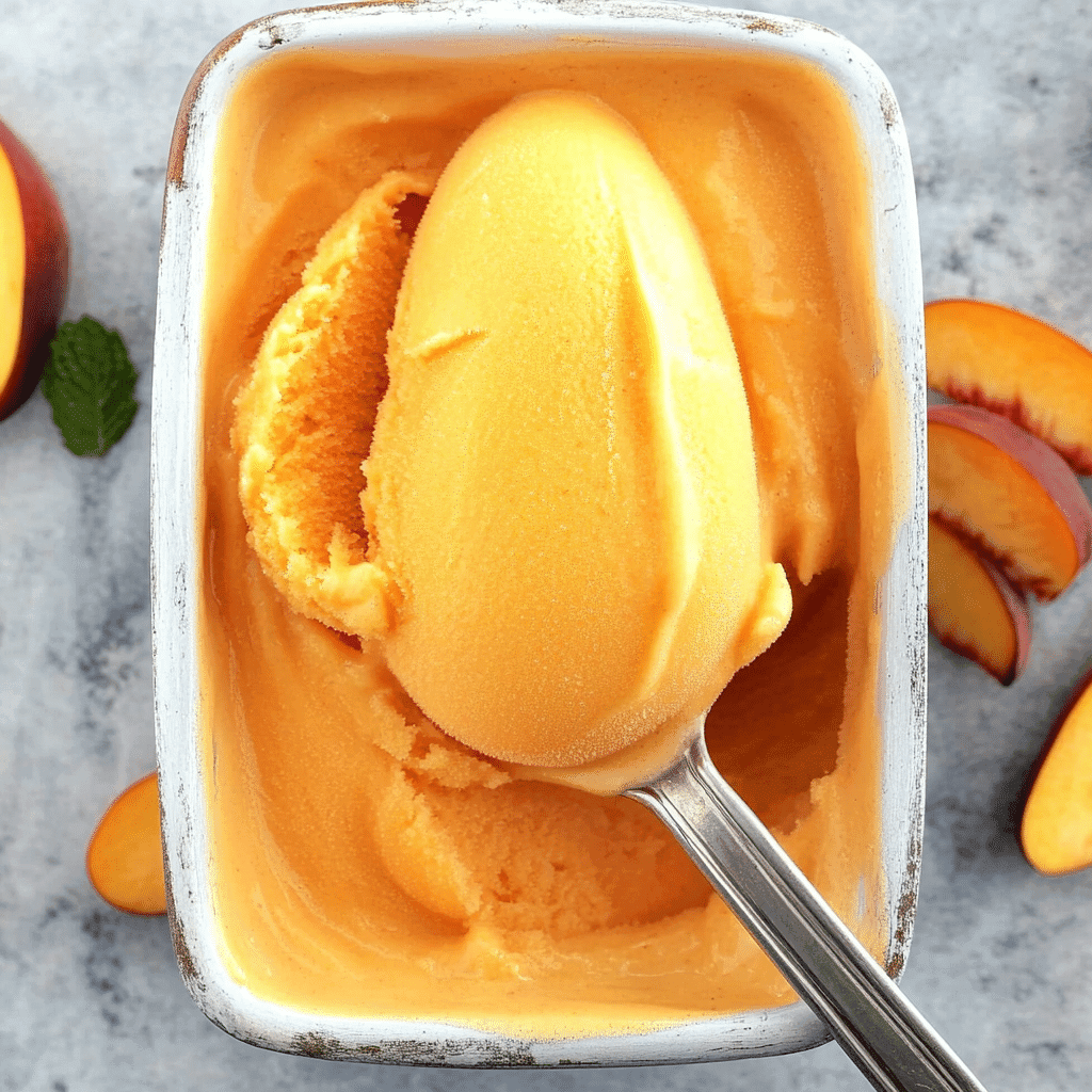 Homemade 3 ingredient peach sorbet served in a rustic bowl