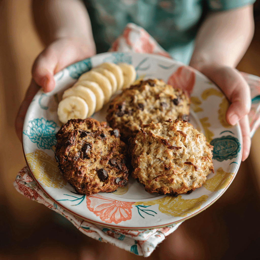 Three types of low sugar cookies including banana oat and chocolate chip