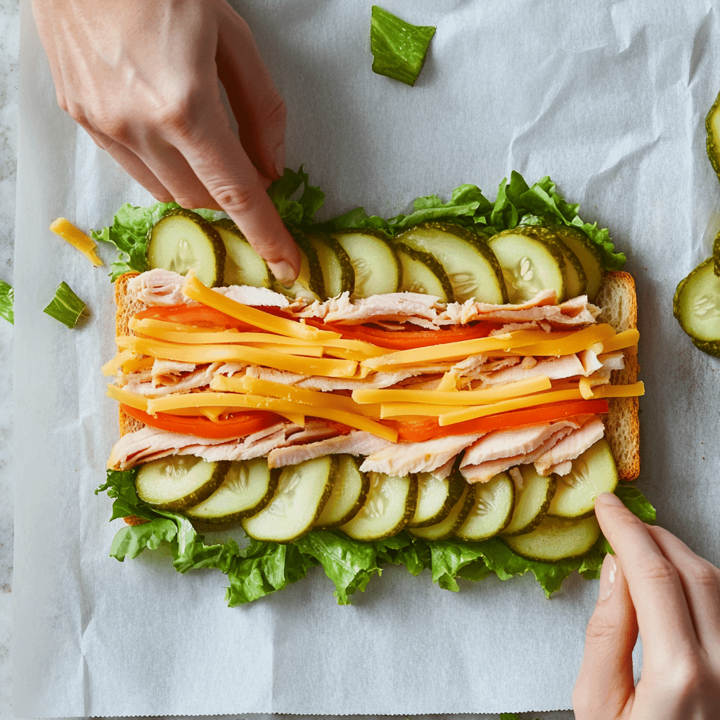 Hands assembling a pickle sandwich with turkey and cheese on parchment