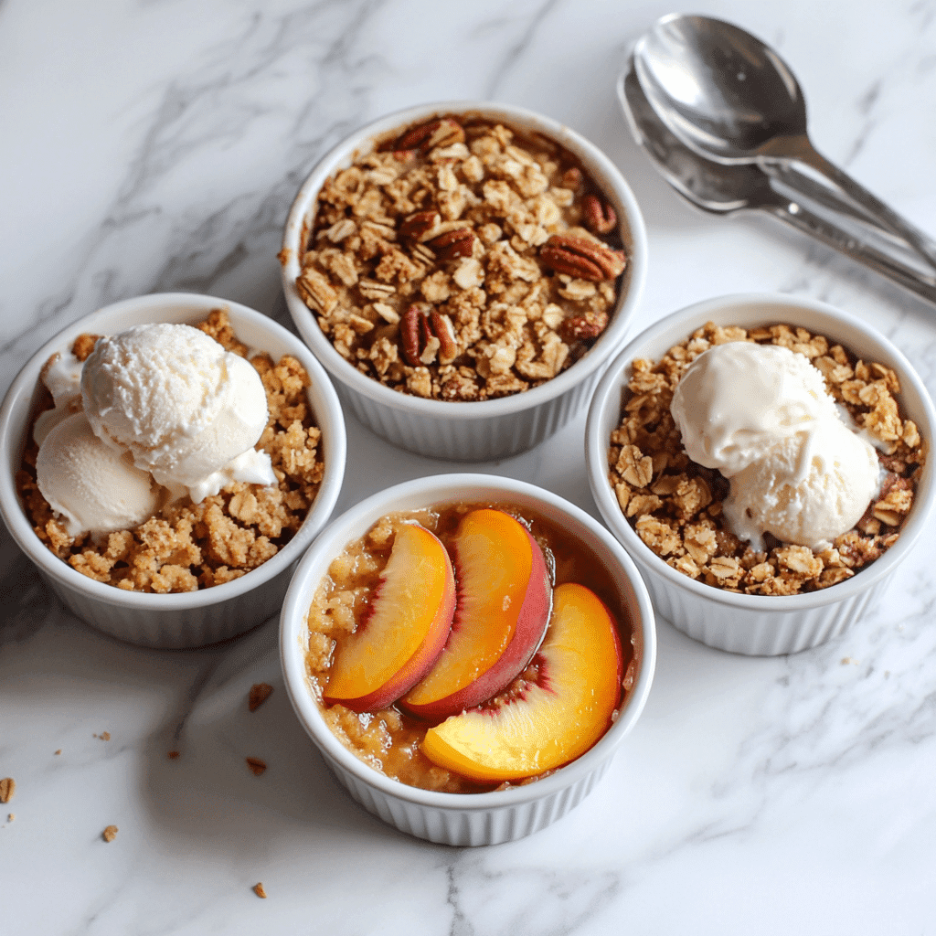 Peach crisp variations with oat, pecan, and coconut toppings served in ramekins