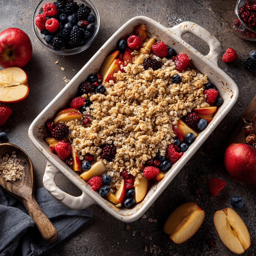 Assembling strawberry nectarine crisp before baking