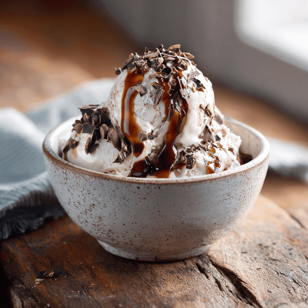 Chocolate cottage cheese ice cream in bowl with toppings