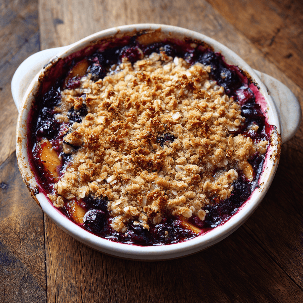 Blueberry nectarine crisp in white dish with bubbling fruit and golden topping