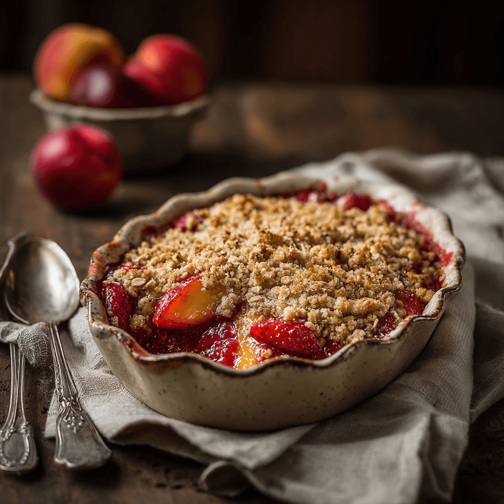Freshly baked strawberry nectarine crisp in a rustic dish