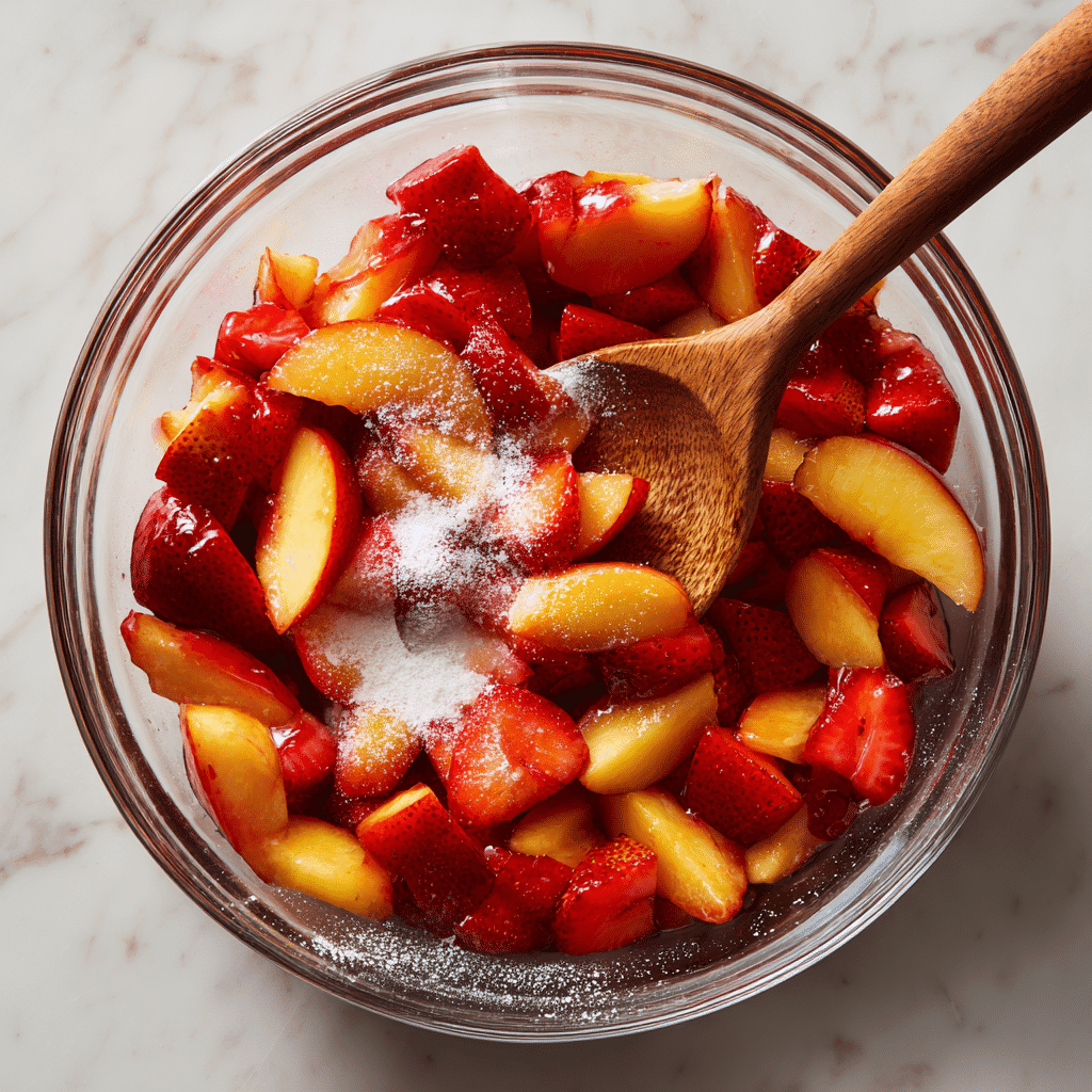 Strawberries and nectarines tossed for crisp filling